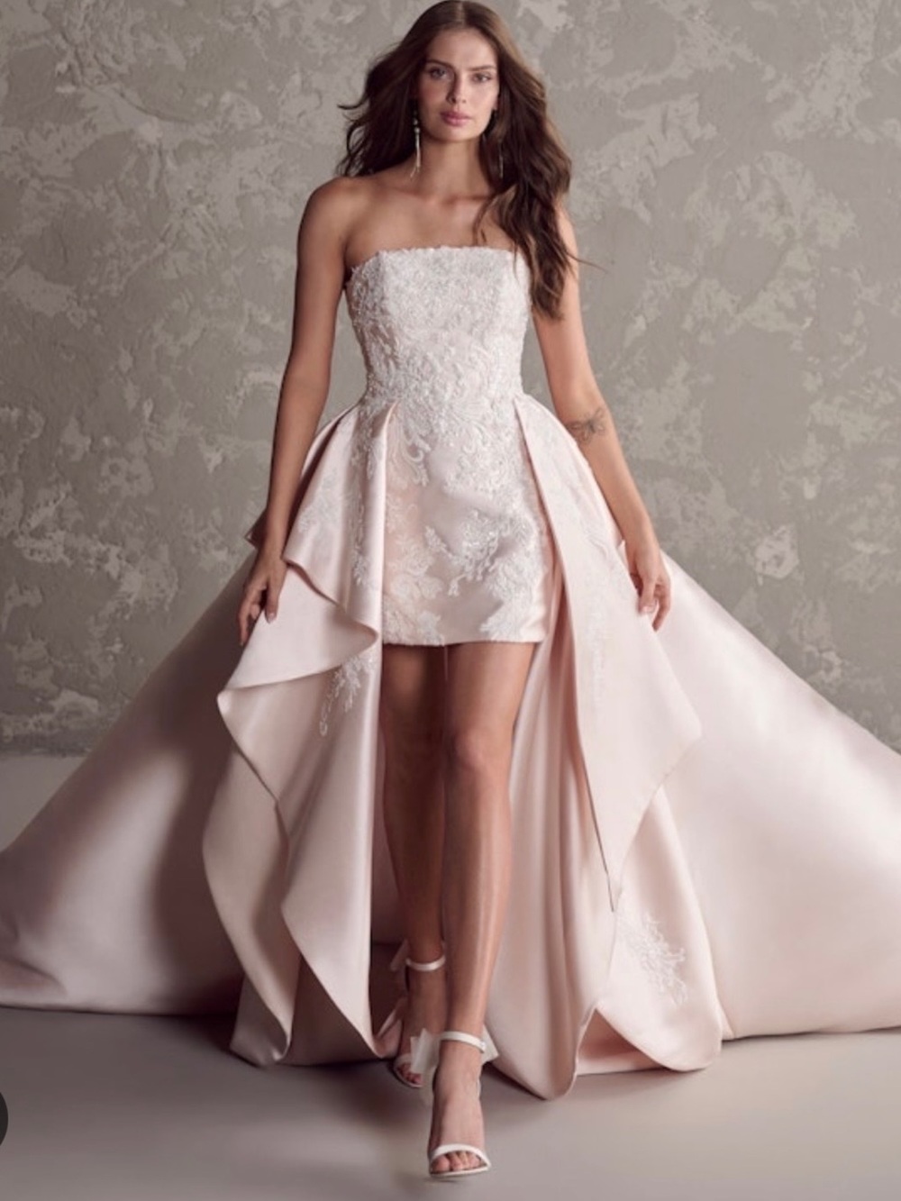 Strapless Blush Pink High-Low Bridal Dress with Lace Bodice off WHITE,not pink